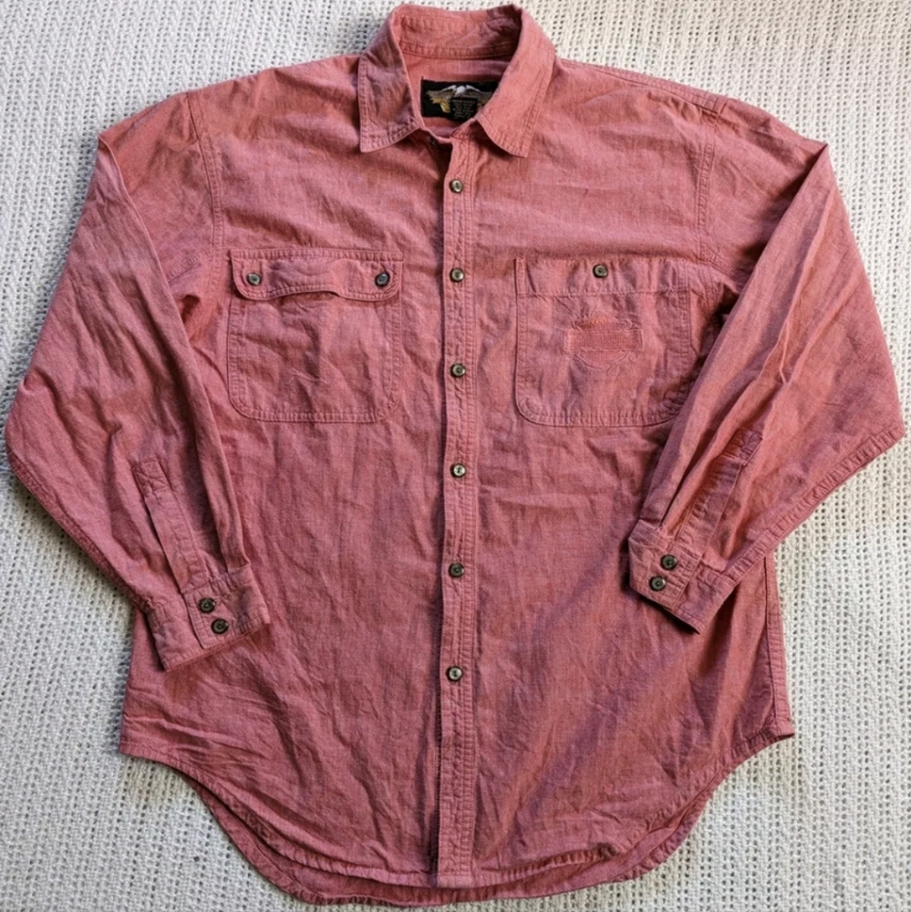 Harley Davidson Red 100% Cotton Long Sleeve Button-Down Pocket Shirt Mens Large